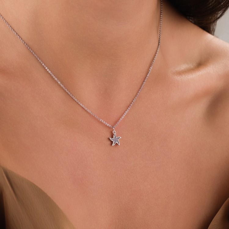 Deniz Yıldızı Figürlü Gümüş Kaplama Çelik Kolye, Zirkon Taşlı Minimal Tasarım | Toptan Çelik Takı Deniz Yıldızı Figürlü Gümüş Kaplama Çelik Kolye, Zirkon Taşlı Minimal Tasarım | Toptan Çelik Takı