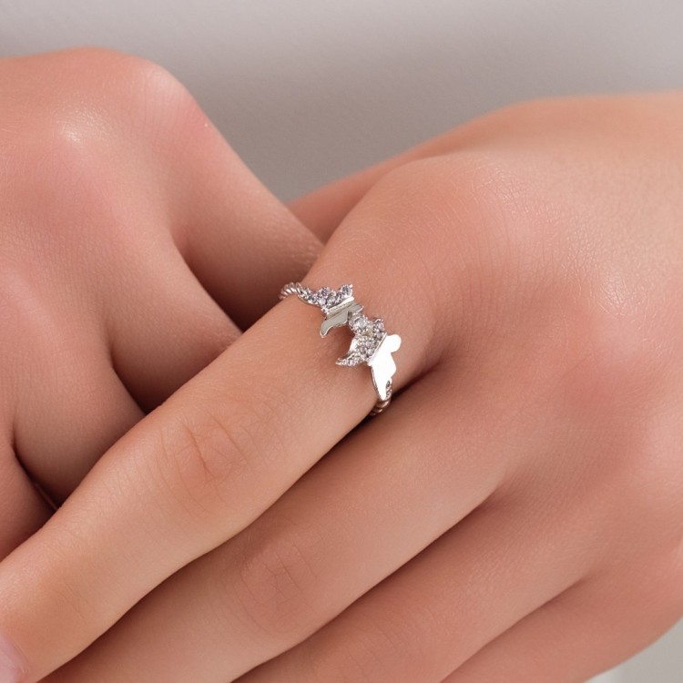 Kelebek Figürlü Zirkon Taşlı Çelik Yüzük, Yüzük Ölçüsü 18 / İç Çap 19 mm | Toptan Çelik Yüzük