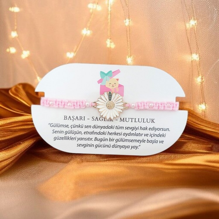 Yes Baskılı Papatya İncili Makrome Bileklik - Pembe Renkli - Toptan Takı Yes Baskılı Papatya İncili Makrome Bileklik - Pembe Renkli - Toptan Takı