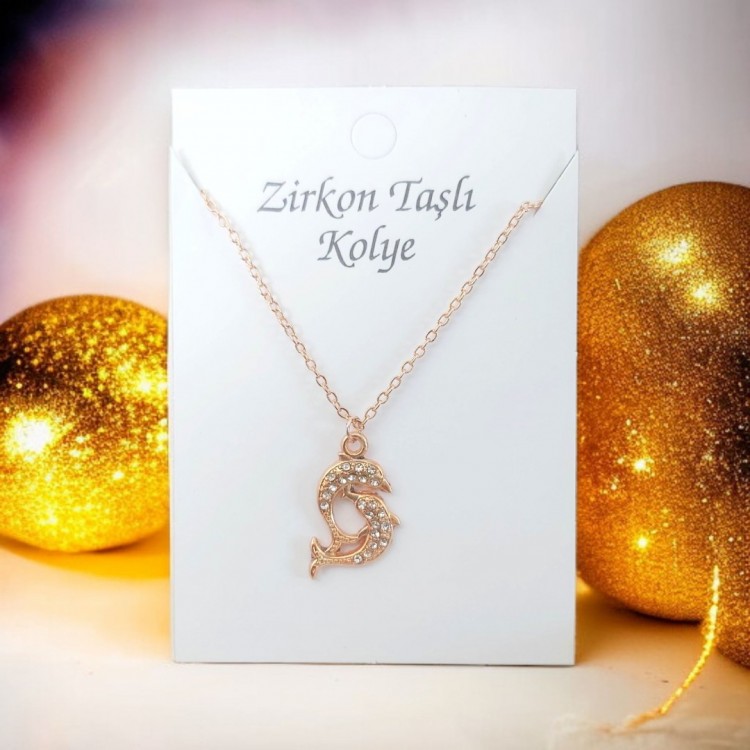 Zirkon Göz Kolye, Rose Renk Toptan Kararmaz Bijuteri Takı