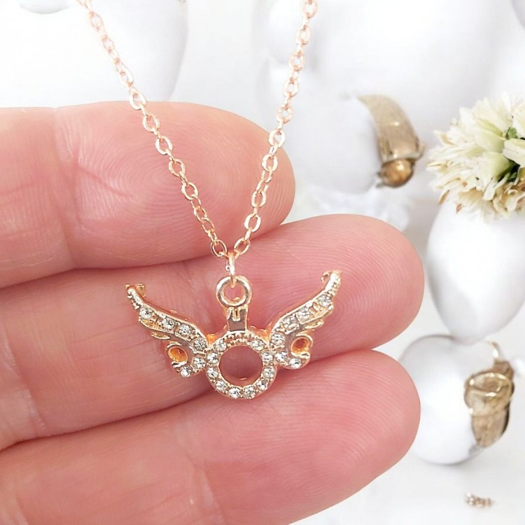 Tek Taşlı Melek Kanadı Kolye | Zirkon Taşlı Rose Kaplama Toptan Bijuteri Kolye
