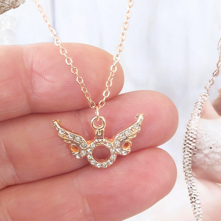 Tek Taşlı Melek Kanadı Kolye | Zirkon Taşlı Rose Kaplama Toptan Bijuteri Kolye