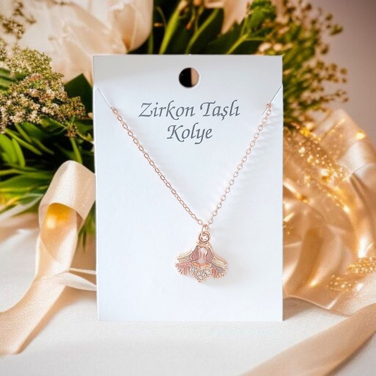 Kalpli Kuş Toptan Bijuteri Kolye, Kararmaz Rose Kaplama Kalpli Kuş Toptan Bijuteri Kolye, Kararmaz Rose Kaplama