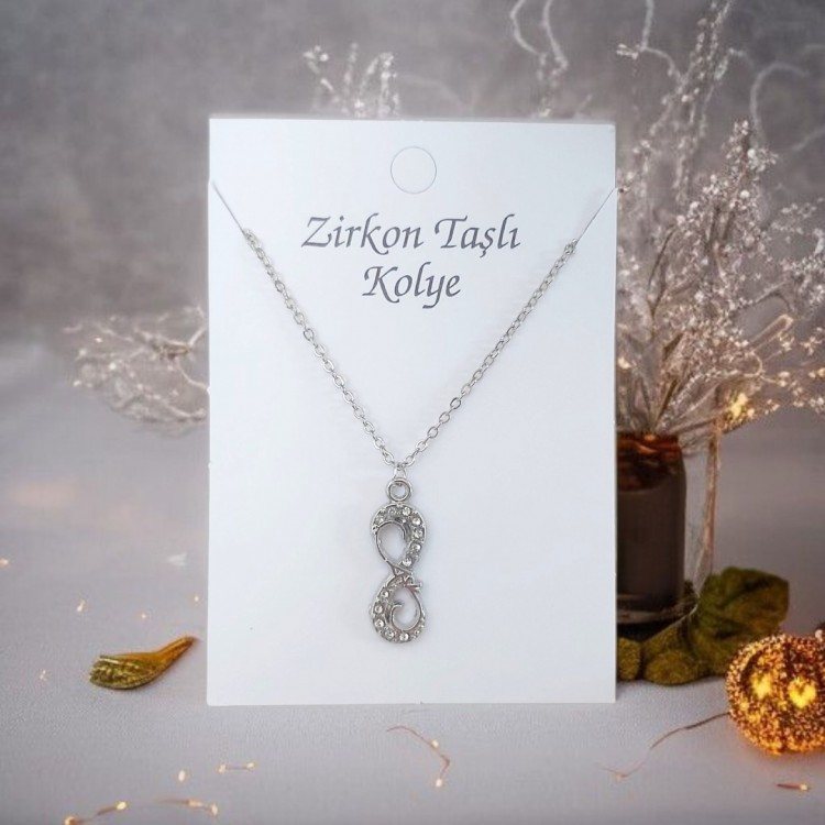 Aşk Yazılı Sonsuzluk Kolye | Zirkon Taşlı Gümüş Kaplama Toptan Bijuteri Kolye