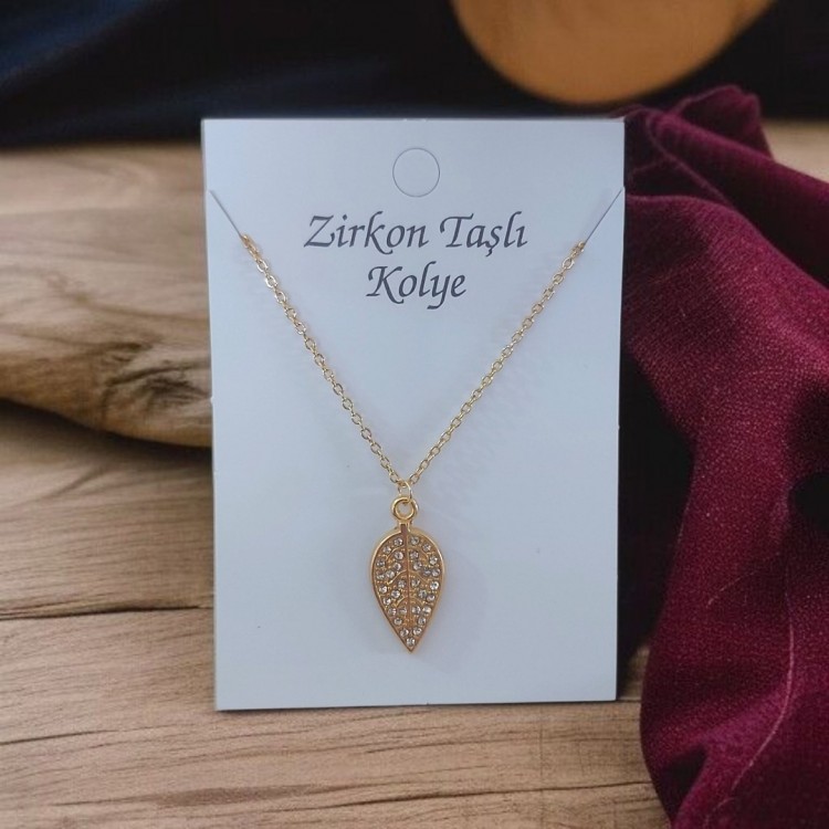 Yaprak Tasarım Toptan Bayan Kolye, Zirkon Taşlı Altın Kaplama