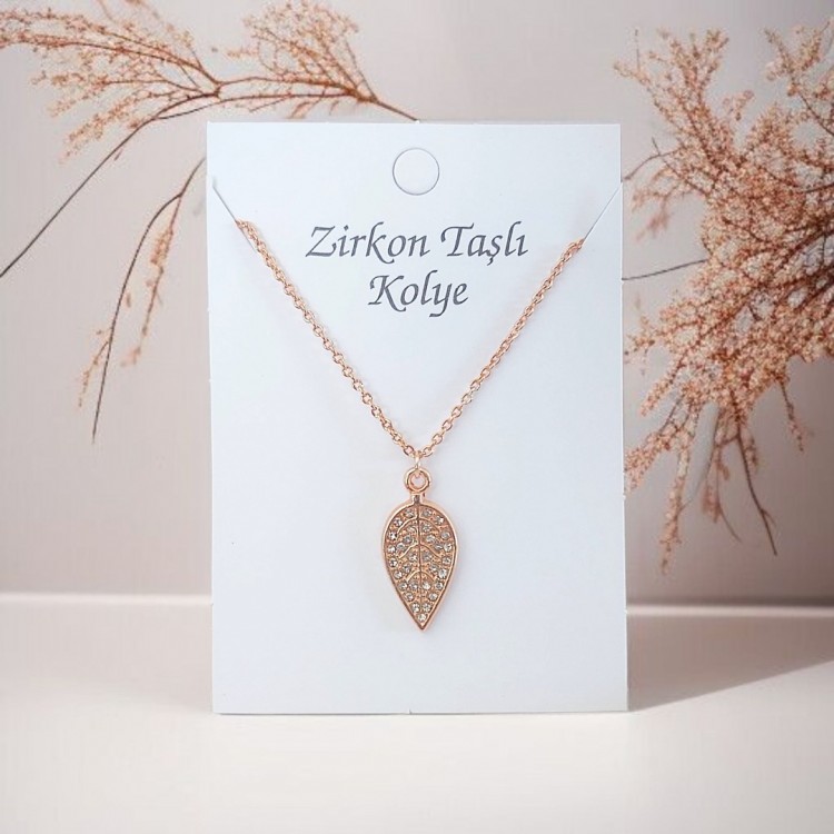 Yaprak Tasarım Toptan Bayan Kolye, Zirkon Taşlı Rose Kaplama