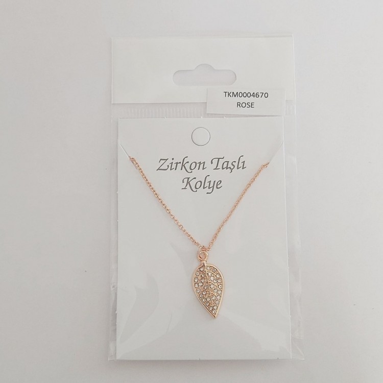 Yaprak Tasarım Toptan Bayan Kolye, Zirkon Taşlı Rose Kaplama