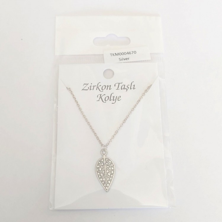 Yaprak Tasarım Toptan Bayan Kolye, Zirkon Taşlı Gümüş Kaplama