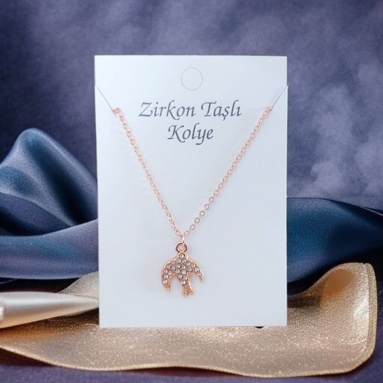 Martı Figürlü Kadın Kolye, Zirkon Taşlı Rose Kaplama | Toptan Kararmaz Bijuteri Takı