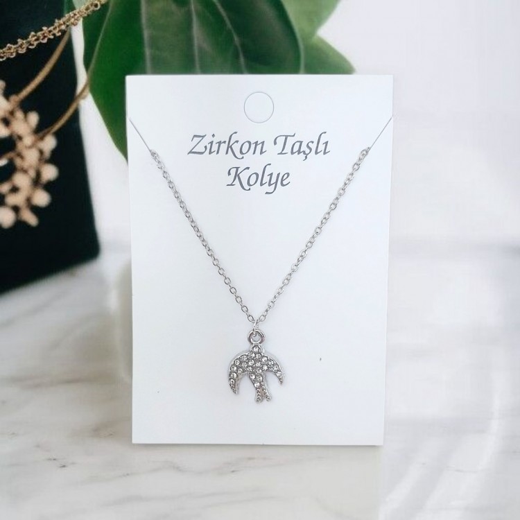 Martı Figürlü Kadın Kolye, Zirkon Taşlı Gümüş Kaplama | Toptan Kararmaz Bijuteri Takı
