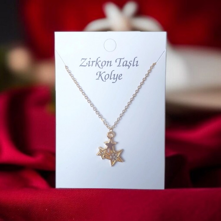 Yıldız Figürlü Zirkon Kolye, Altın Kaplama | Toptan Bayan Takı