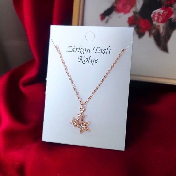 Yıldız Figürlü Zirkon Kolye, Rose Kaplama | Toptan Bayan Takı