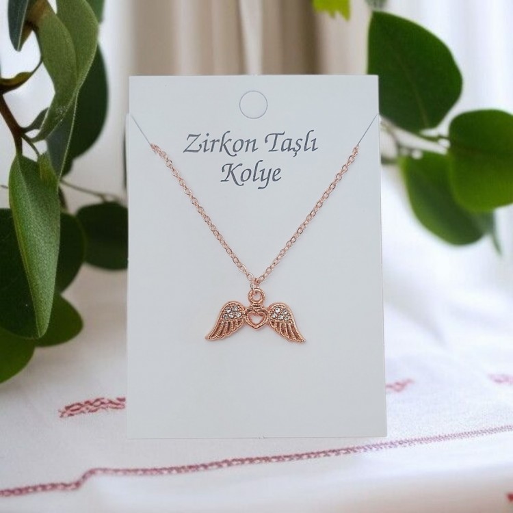 Melek Kanadı Toptan Kadın Kolye, Zirkon Taşlı Rose Kaplama Melek Kanadı Toptan Kadın Kolye, Zirkon Taşlı Rose Kaplama