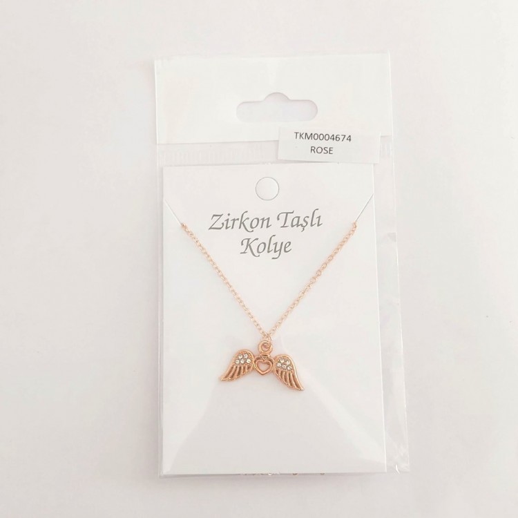 Melek Kanadı Toptan Kadın Kolye, Zirkon Taşlı Rose Kaplama Melek Kanadı Toptan Kadın Kolye, Zirkon Taşlı Rose Kaplama