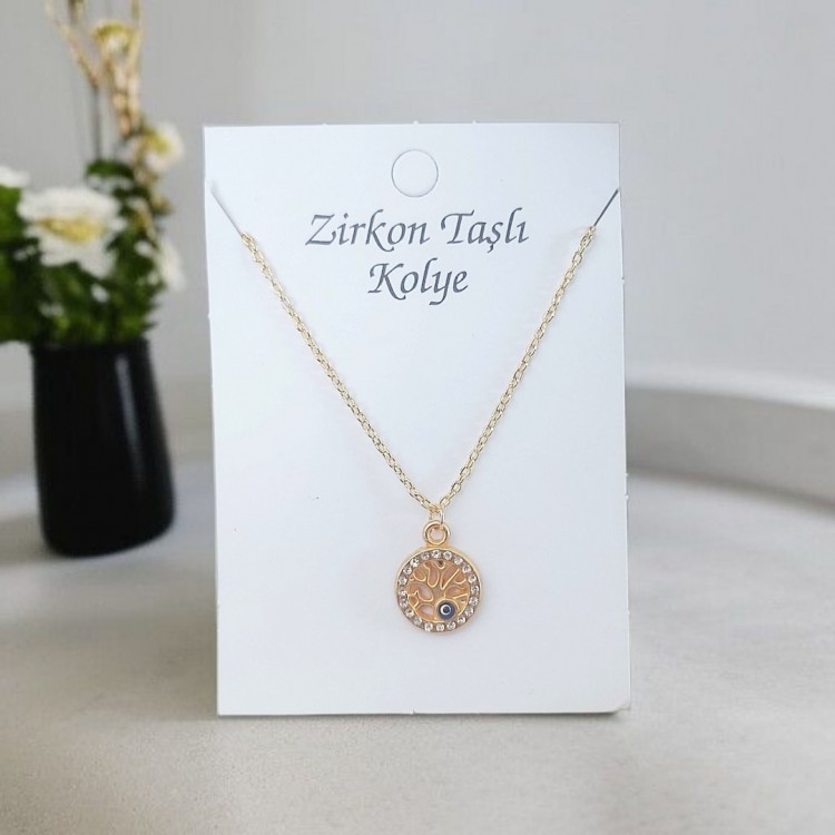 Nazarlı Hayat Ağacı Taşlı Kadın Kolye , Altın Kaplama | Toptan Bijuteri Takı
