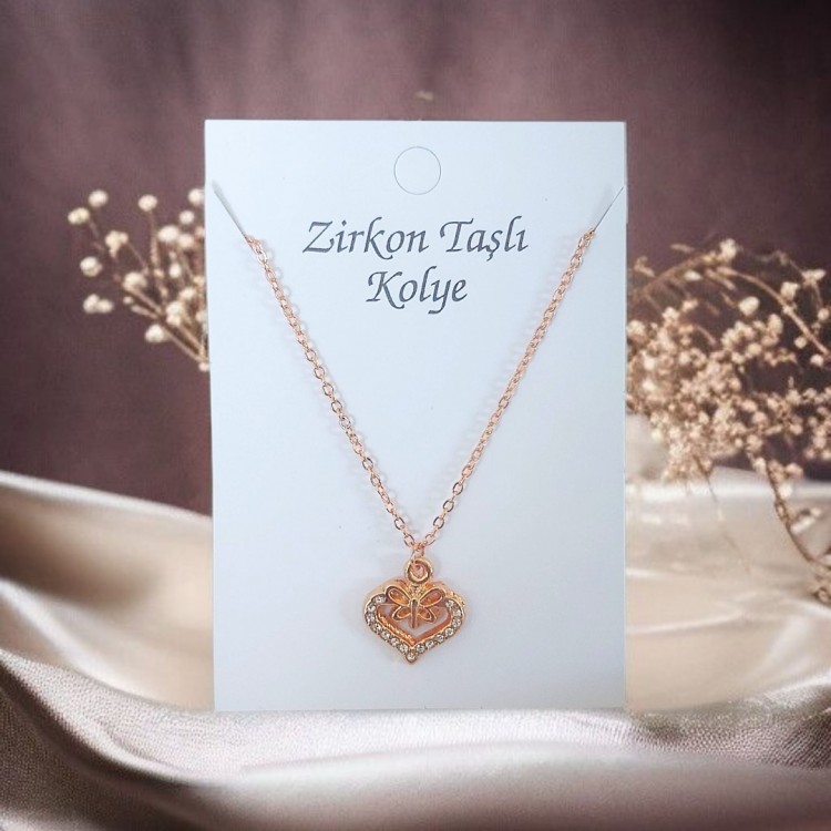 Kalp & Yusufçuk Tasarım Toptan Kadın Kolye, Zirkon Taşlı Rose Kaplama | Kararmaz Bijuteri Takı