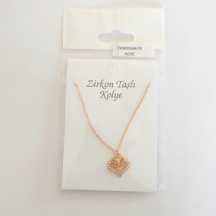 Kalp & Yusufçuk Tasarım Toptan Kadın Kolye, Zirkon Taşlı Rose Kaplama | Kararmaz Bijuteri Takı