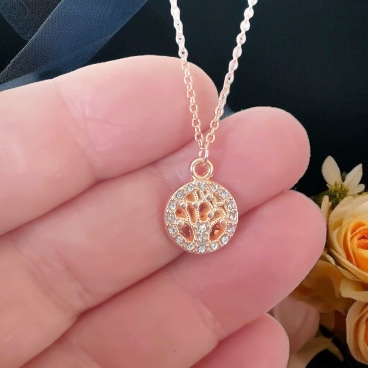Hayat Ağacı Figürlü Zirkon Taşlı Kolye, Kararmaz Rose Kaplama | Toptan Bijuteri Kolye