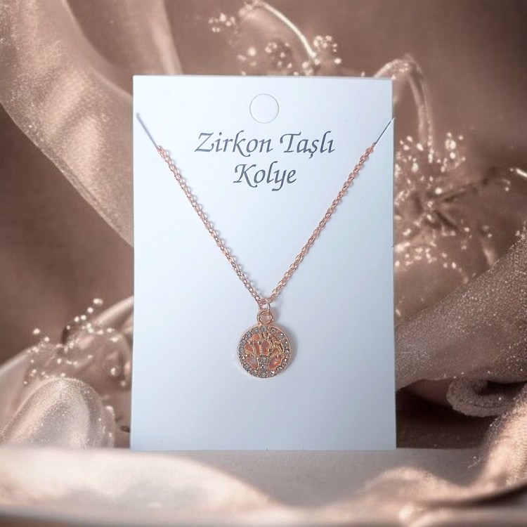 Hayat Ağacı Figürlü Zirkon Taşlı Kolye, Kararmaz Rose Kaplama | Toptan Bijuteri Kolye